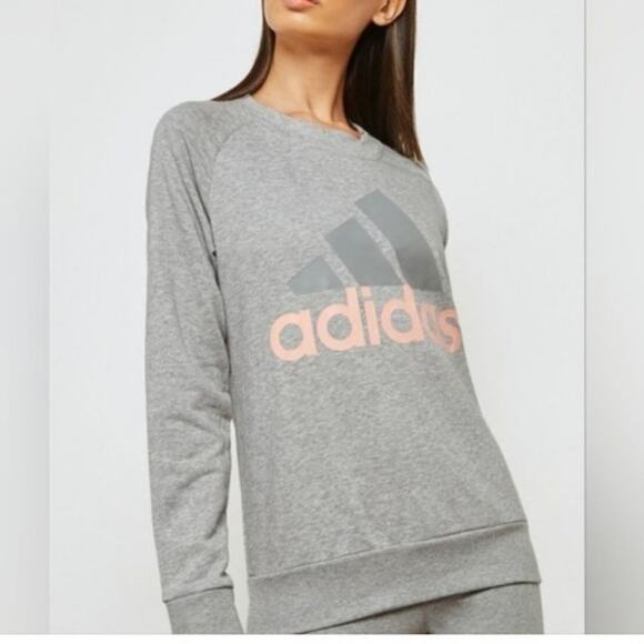 Adidas Small Gray with Pink Linear Essential Crew Neck Sweatshirt - Picture 1 of 8